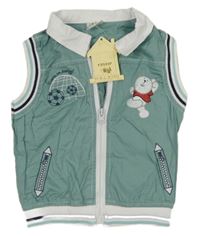 Nové - modrošedá vesta s medvedíkom a loptami a pruhmi