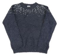 Tmavomodrý chlpatý sveter s flitrami POCOPIANO