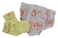 2set - Bílé kytičkované kalhotky + žluté ponožky Little Nutmeg 