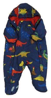 Tmavomodrá šusťáková zimní kombinéza s dinosaury a kapucí M&S