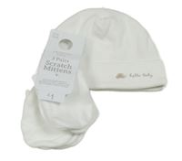 3set - Biela rebrovaná čapica s želvou + 2x rukavičky