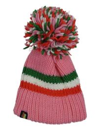 Růžovo-zeleno-červená pletená čepice s pruhy a bambulí