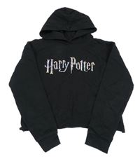 Černá crop mikina s 3D nápisem a kapucí - Harry Potter