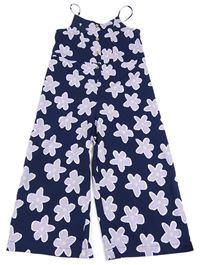 Tmavomodro-fialový květovaný lehký culottes overal Tu