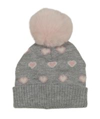 Sivo-ružová pletená čapica so srdiečkami a brmbolcom