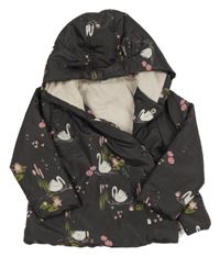 Tmavohnědá šusťáková zavinovací zateplená bunda s labutěmi a kapucí Next