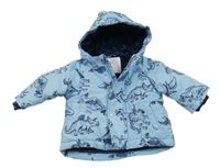 Modrá šusťáková zateplená bunda s dinosaury a kapucí Primark