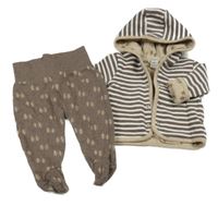 2 set - hnědo-bílá pruhovaná podšitá propínací mikina s kapucí + hnědé polodupky Topomini