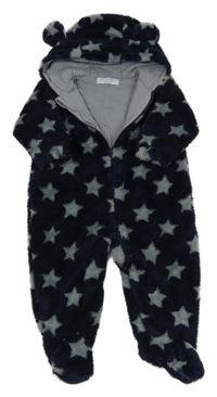 Tmavomodrá chlpatá podšitá kombinéza s hviezdami a kapucňou