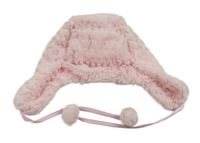 Růžová kožešinová beranice s bambulemi