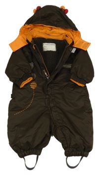 Hnědá šusťáková zimní kombinéza s potiskem a kapucí s bambulemi 