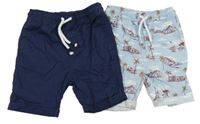 2set - 2x plátěné kraťasy - Tmavomodré + světlemodré se surfaři Tu