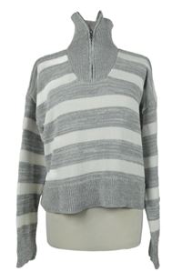 Dámský šedo-bílý pruhovaný svetr s límečkem Dunnes 
