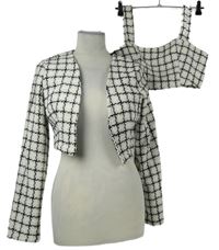 2x Dámsky smetanovo-čierny vzorovaný crop pletený cardigán + crop top Shein