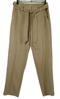 Dámske béžové semišové paper bag nohavice s opaskom Orsay