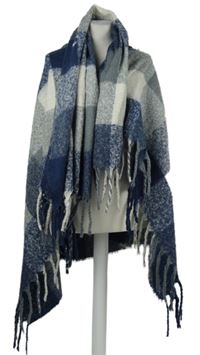 Dámská šedo-tmavomdorá kostkovaná vlněná šála s třásněmi 