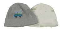 2x bavlněná čepice biela s ovečkami+ sivá s autom