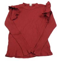 Vínové rebrované tričko s volánikom Shein