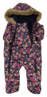 Tmavomodro-ružová květzovaná šušťáková zimná kombinéza s kapucí + rukavice zn. F&F