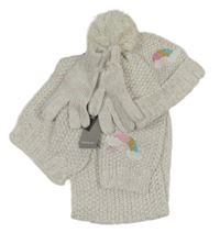 Nové - 3 set - Bílá třpytivá pletená čepice s duhou a bambulí + šála + prstové rukavice George