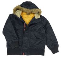 Tmavomodrý šusťákový zateplený bomber s kapucí s kožešinou Jasper Conran