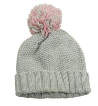 Šedá čepice s růžovo-šedou bambulí 