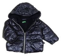 Tmavomodrá lesklá šusťáková prošívaná zateplená bunda s kapucí Benetton