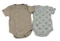 2x body - šedé s šelmami + hnědé puntíkaté 50/56