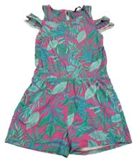 Růžovo-zelený kraťasový overal s listy George