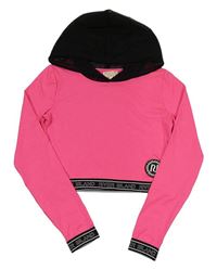 Neónově ružovo-čierna crop mikina s nášivkou a kapucňou River Island