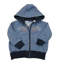 Světlemodro-tmavomodrá pruhovaná prepínaci mikina s nápisom a kapucňou