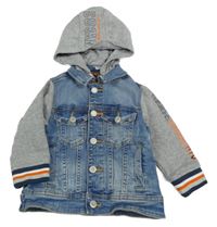 Modro-šedá riflovo/tepláková bunda s nápisem a odepínací kapucí C&A