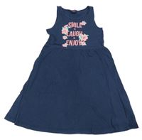 Tmavomodré bavlnené šaty s nápisom a kvetmi Y.F.K.