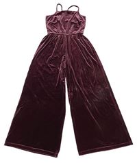 Tmavovínový lesklý sametový kalhotový culottes overal Next
