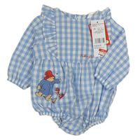 Modro-bílé kostkované plátěné body s medvídkem Paddington a volánky