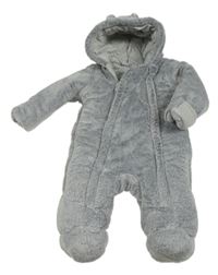 Sivo-biela chlpatá zateplená kombinéza s kapucňou s uškami George