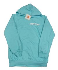 Nové - belasá mikina s nápismi a vreckom a kapucňou