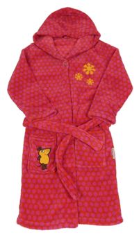 Červeno-tmavorůžový puntíkatý plyšový župan s myškou a kapucí Playshoes
