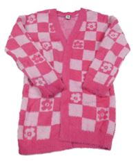 Tmavorůžovo-svetloružový kockovaný chlpatý svetrový cardigan s kvetmi Tu