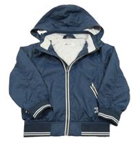 Tmavomodrý šusťákový jarní bomber s nápisy a pruhy a odepínací kapucí H&M