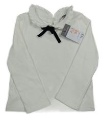 Nové - bílé žebrované triko s mašlí a límečkem PRIMARK