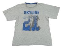 Sivé melírované tričko s číslom a palmami a nápisom Y.F.K.