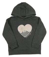 Tmavosivá melírovaná mikina so srdcem s nápisom a kapucňou zn. Primark