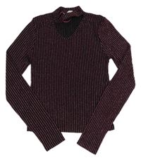 Čierno-ružové trblietavé pruhované crop tričko s prestrihom Matalan