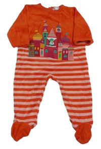 Červeno-ružový zamatový overal so zámkem a pruhmi