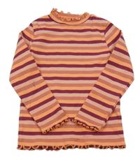 Starorůžovo-vínovo-neonově oranžové pruhované žebrované triko