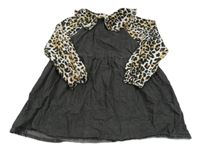 Antracitovo-béžové riflovo/teplákové šaty s leopardím vzorem a límečkem Next