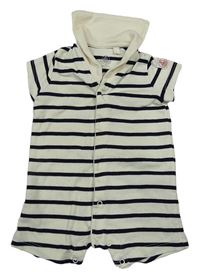 Smetanovo-černý pruhovaný bavlněný kraťasový overal s límečkem Petit Bateau