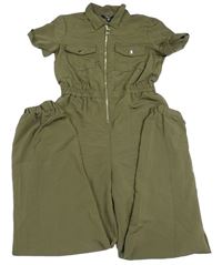 Khaki nohavicový overal s vreckami a golierikom New Look