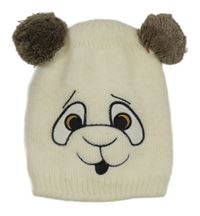 Smetanová pletená čepice s medvědem a bambulemi 